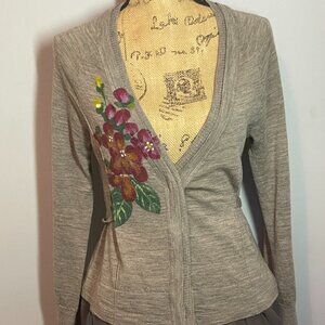 Soft Wool Cardigan Hand Painted Floral Tie Back- Knitted Knotted
